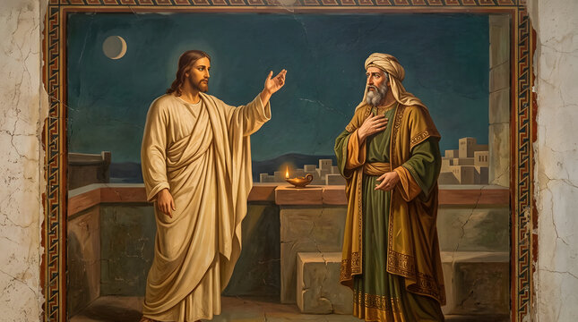 Roman fresco painting of Jesus and Nicodemus on rooftop terrace