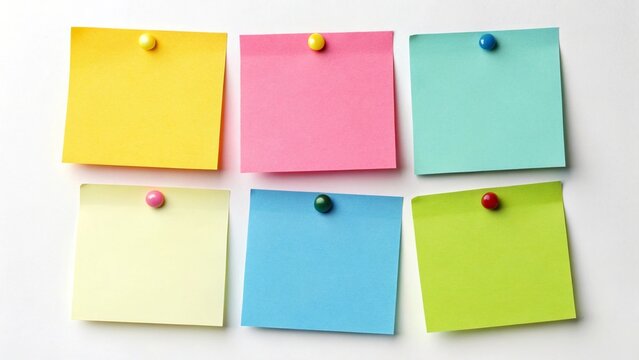 Colorful Blank Sticky Notes with Push Pins on White Background - Organization and Planning Concept