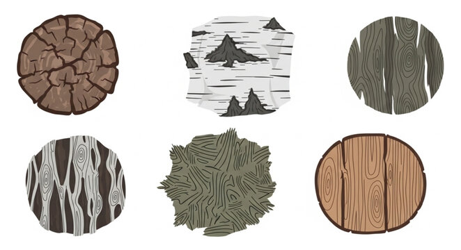 Collection of six different wood textures in circular shapes.