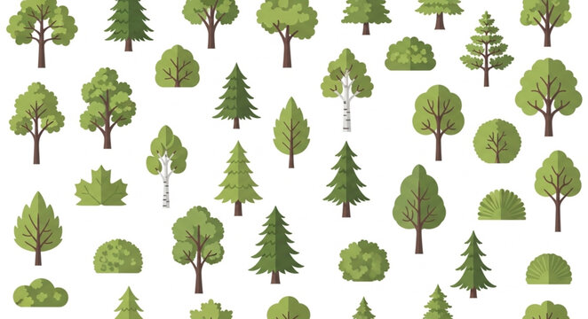 Collection of stylized green trees and bushes.