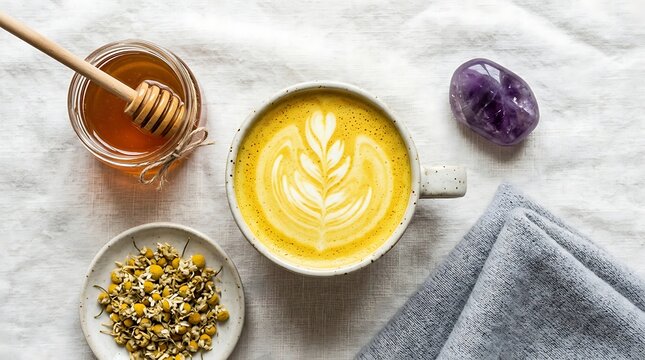 Warm golden milk latte, a comforting wellness elixir, presented with raw honey, dried chamomile, and an amethyst crystal, creating a serene self-care ritual