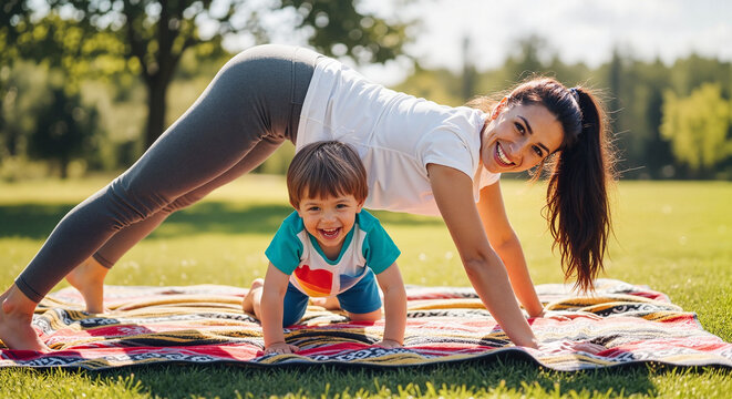 Woman doing yoga with child on blanket in sunny park  