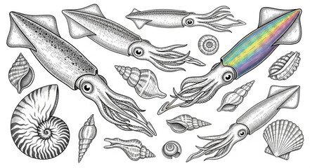 Collection of marine cephalopods and seashells illustration. © Gaseyuk