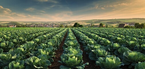 Fototapeta premium The Cabbage Field Stretching Across Rolling Countryside at Golden Hour Sunset