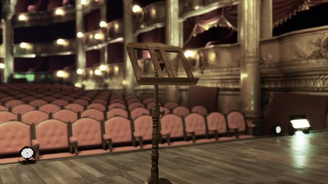 Empty ornate theater stage, music stand positioned center, warm gilded balconies and red plush seats receding into soft spotlight glow, polished wooden floor,