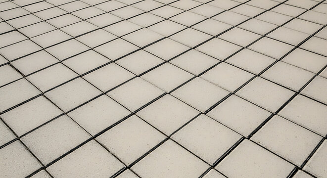 Pattern of uniform square concrete paving stone slabs on a modern outdoor pedestrian walkway, creating clean geometric diagonal lines in perspective. Minimalist architectural texture photography.