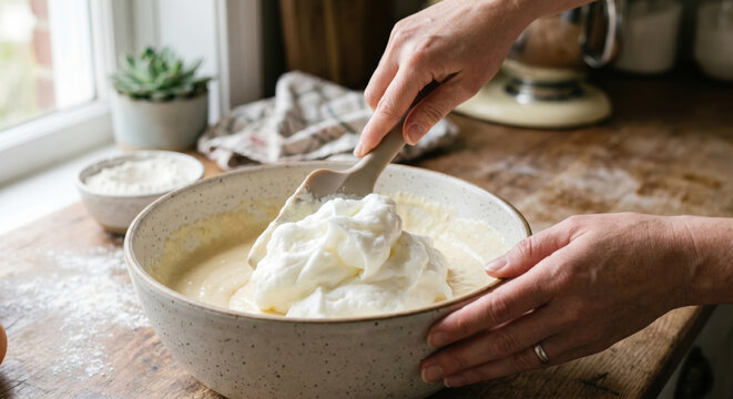 Whisk meringue batter mixing hands kitchen bowl wooden table spoon folding egg white dessert homemade baking recipe culinary breakfast fresh white