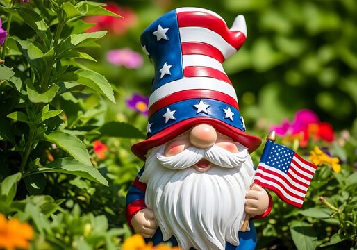 Patriotic garden gnome with american flag celebrating american independence day outdoors