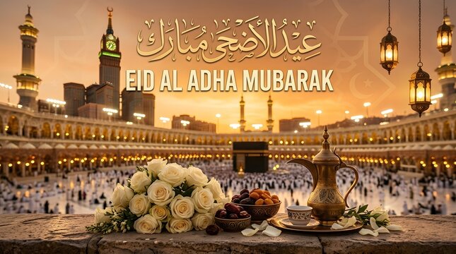 A traditional brass teapot with dried fruits and white flowers arranged elegantly for the holy celebration of Eid al Adha