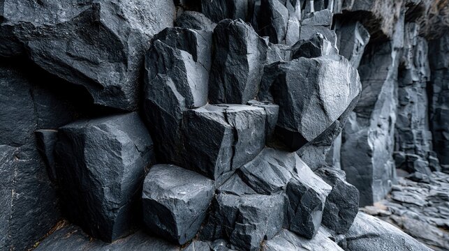 Rough Dark Basalt Columns, Volcanic Rock Formation, Natural Geologic Landscape with Textured Stone Surface, Outdoor Scenery for Design Background and Geology Projects