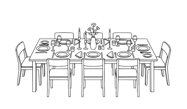 Modern dining table setup outline vector illustration isolated on white background