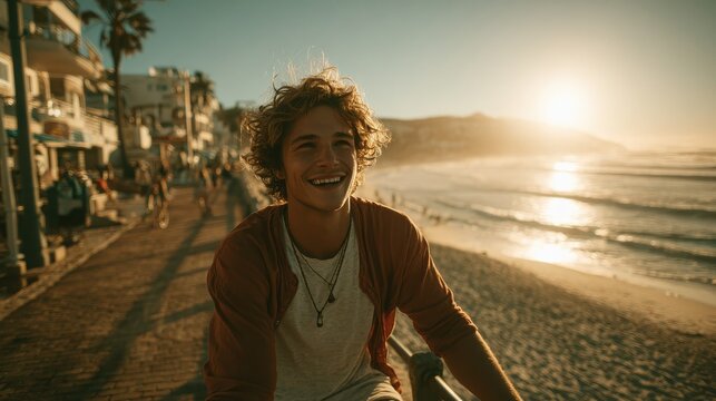 Smiling young woman enjoying sunset on beachside sidewalk with lively background