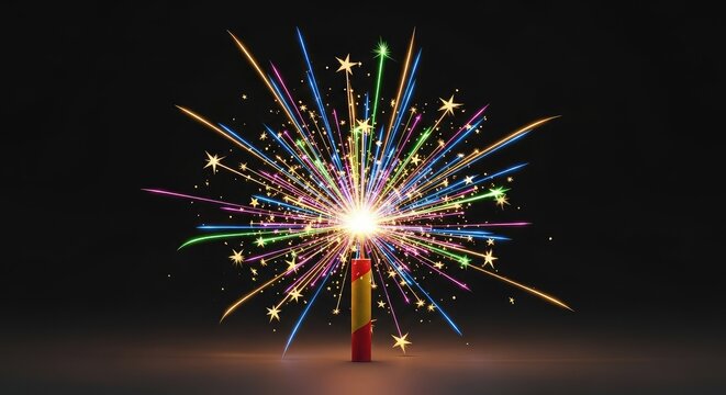 A brilliant digital artwork featuring a vibrant firecracker exploding with neon sparks, golden stars, and colorful glowing light trails, jubilee, red, magic