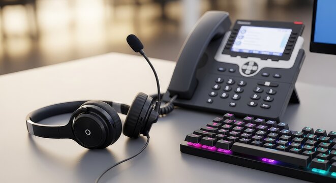 A close-up view of a professional communications desk featuring a modern wireless headset, multiline digital phone, and lit keyboard keys, telecommunications, office, assistance
