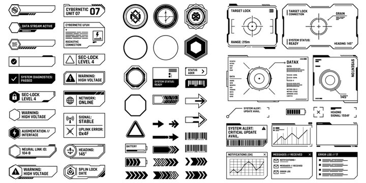 Large collection of sci-fi user interface buttons labels and charts. Black and white sci-fi futuristic user interface elements. Massive set of futuristic interface elements. Vector illustration.