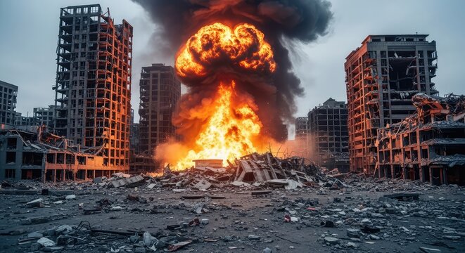 A devastated modern city lies in ruins after a massive explosion, with thick black smoke and intense orange flames rising from debris, ruined, wreckage, fallout