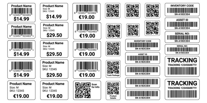 Collection of pricing labels and inventory codes with barcodes and qr marks. Barcode and QR code labels for scanning, retail store product ID labeling stickers. Vector illustration.