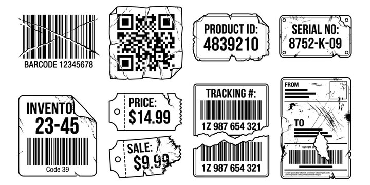 Damaged barcodes, crumpled QR code labels, product ID stickers. Damaged barcodes, QR codes, product IDs, serial numbers, tracking numbers, inventory labels, and price tags. Vector illustration.