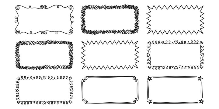Elegant hand drawn rectangle frames with scroll and heart decoration. Hand drawn line frames, cute doodle borders with wavy lines and swirls. Vector illustration.