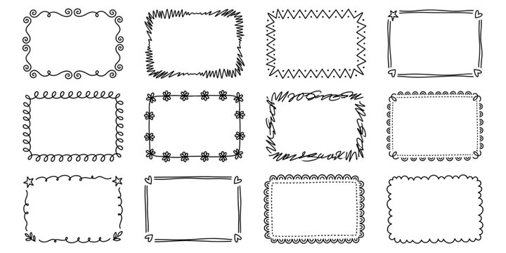 Set of decorative hand drawn frames with unique border design shapes. Hand drawn line frames, cute doodle borders with wavy lines and swirls. Vector illustration.