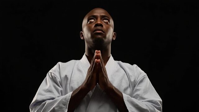 Black man in white karate gi with hands clasped in prayer pose looking upwards male