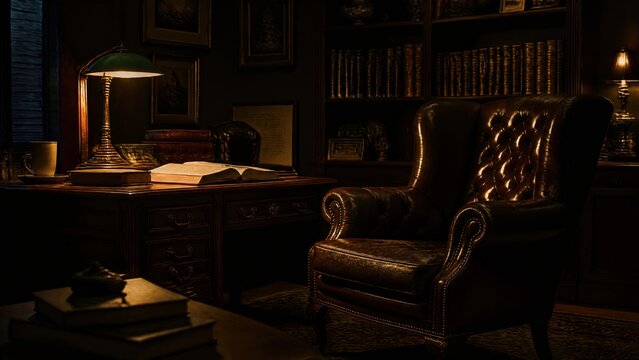  Classical study corner with a dark leather armchair illuminated by a soft desk lamp. 
