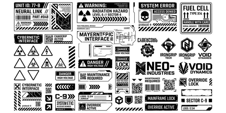 Futuristic sci fi technology labels and warning signs collection. Futuristic science fiction themed labels, including warning signs, tech decals, cybernetic interface markers. Vector illustration.