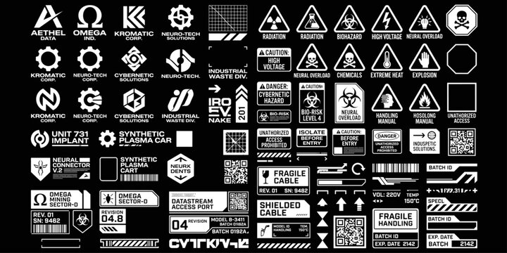 Retro futuristic streetwear element, cyberpunk aesthetic decals. Set of industrial hazard and technical warning symbols for scifi graphics. Vector illustration.