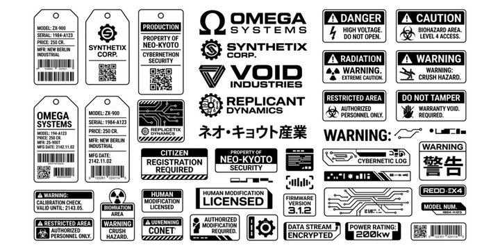 Collection of futuristic cyberpunk corporate tags with scifi design icons. Set of minimalist corporate tags for synthetic technology products featuring serial numbers QR codes. Vector illustration.