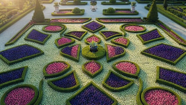  Aerial view of a geometric flower garden with contrasting colors in soft morning light.