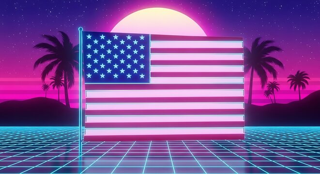 American independence day retro neon flag illustration
