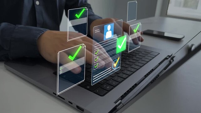 Business professional reviewing digital CV on a laptop, analyzing candidate profiles for recruitment and hiring decisions.Concept of Human Resources ,election and online application screening process.