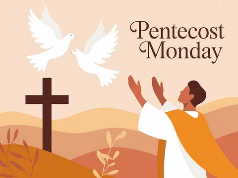 Pentecost monday illustration with a man praying, a cross, and two white doves flying in a peaceful landscape