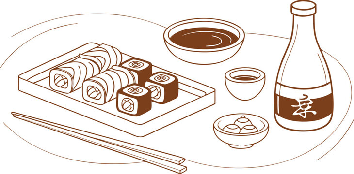 Sushi platter vector drawing with rolls soy sauce and japanese bottle