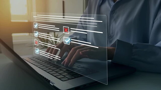 Online survey questionnaire with digital feedback form, customer evaluation and business assessment concept. Filling form, research analytics, technology interface and data review.	