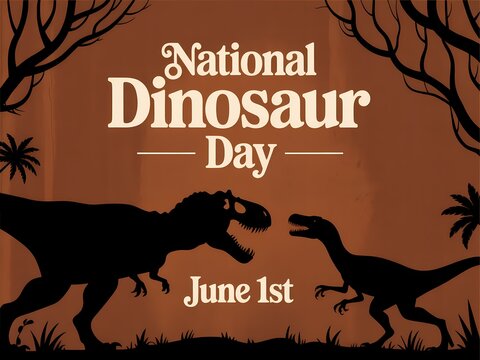 National dinosaur day june 1st greeting card design with silhouettes of trex and raptor in a prehistoric jungle landscape