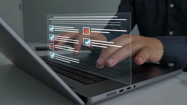 Online survey questionnaire with digital feedback form, customer evaluation and business assessment concept. Filling form, research analytics, technology interface and data review.	