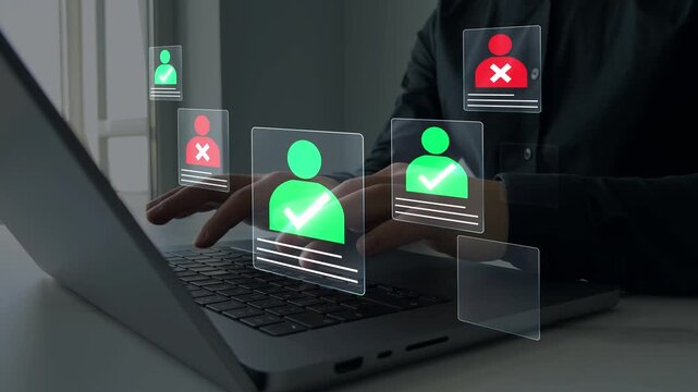 Employee approval process management.
Hiring system resume filtering employee candidate.Digital documents with check marks verified staff records and online HR management. 