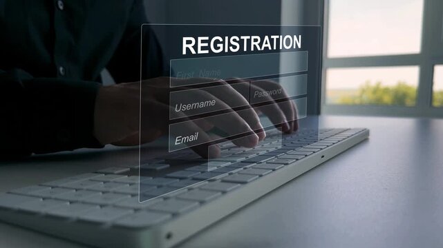 Online registration form on laptop for creating user account, sign up with personal information, secure login, digital application, web technology, enrollment and business concept.	

