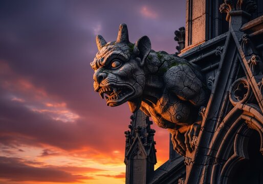 Close-up detailed view of a menacing weathered stone gargoyle carving perched high on a gothic architectural structure against a dramatic cloudy evening sky, building, creature, exterior