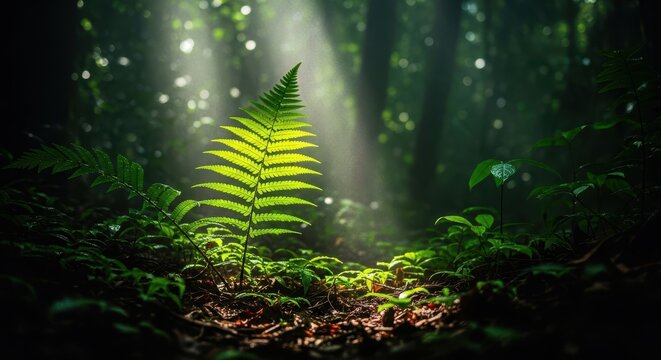 Dappled sunlight pierces the dense jungle canopy, illuminating the humid undergrowth and wet leaves of the mysterious rain forest floor, nature, dappled, scenic