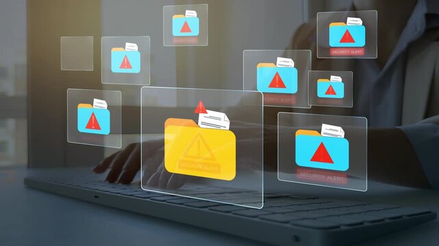 Cybersecurity alert with digital file folder, data protection and online privacy concept. Secure network system with warning notification, encryption and cyber attack defense.