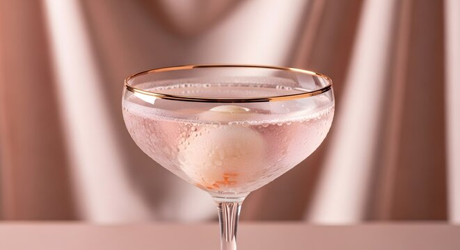Elegant Glass of Pink Lychee Martini Cocktail on a Soft Pastel Background.