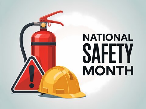 National safety month concept with fire extinguisher, hard hat and warning sign