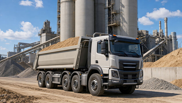 A large dump truck filled with sand is parked on a dirt road at an industrial cement factory with tall concrete silos under a blue sky