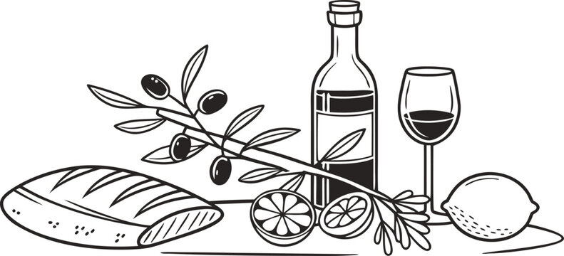 Black and white line art of mediterranean staples with wine and olives