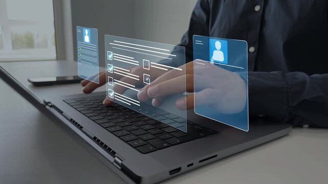 Employee checklist and certificate selection concept with business verification process. Employee evaluation, approval documents, recruitment management and quality control workflow.	