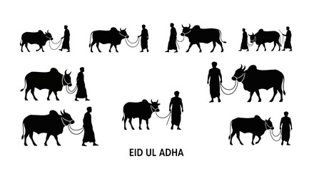 Fototapeta premium Eid Ul Adha silhouette collection, Muslim men leading sacrificial cows and bulls, Islamic festival qurbani animal set, black livestock vector icons