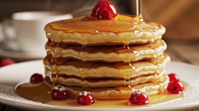 Stack of pancakes with syrup and berries on a white plate close up