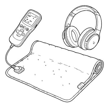 Line art illustration of a heating pad with remote controller and headphones.